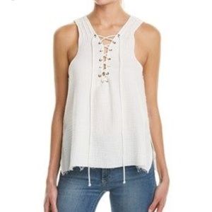 ROI white gauze lace up tank